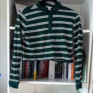 Green and White Striped Cropped Polo Shirt